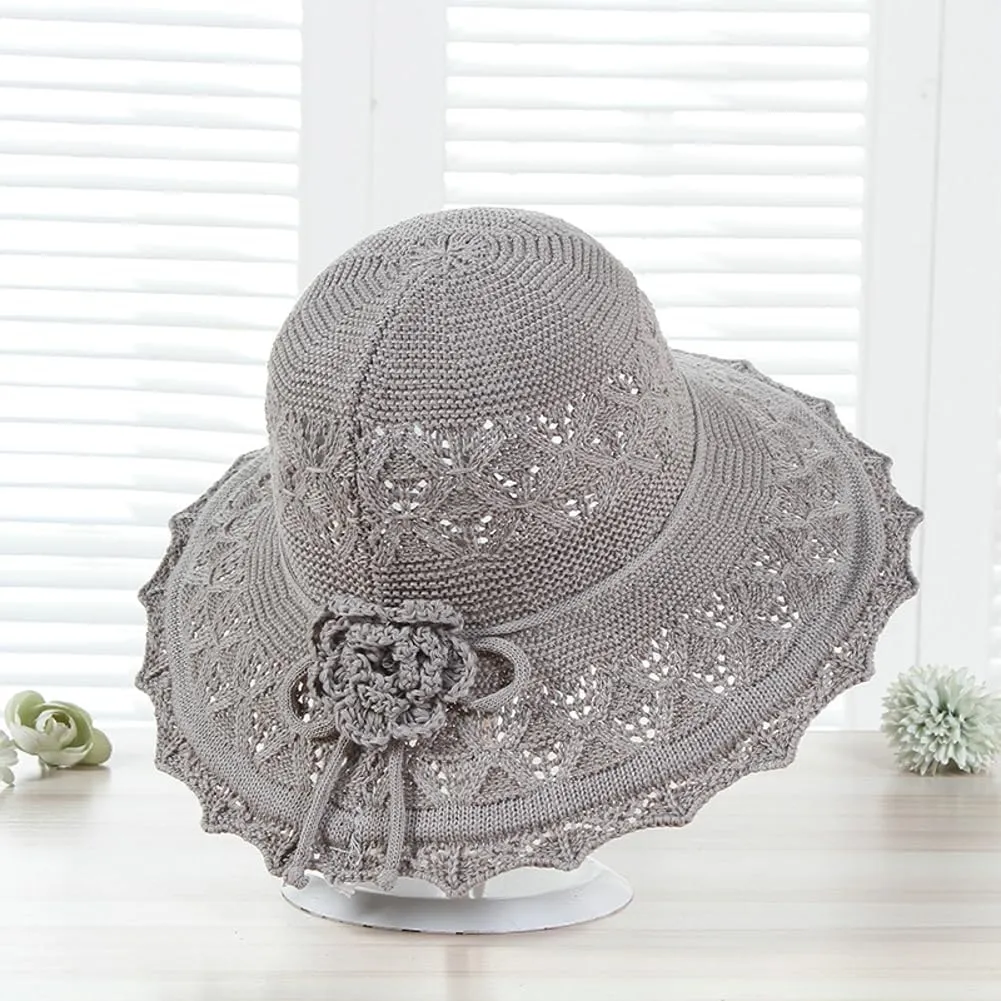 Womens Ruffled Flowers Summer Beach Hat Wide Brim Knitted Sun Hats Foldable Floppy Summer Cap for Travel Decoration