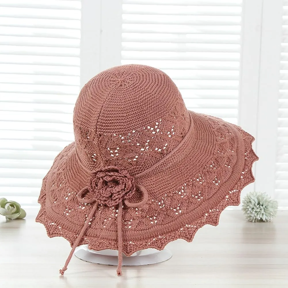 Womens Ruffled Flowers Summer Beach Hat Wide Brim Knitted Sun Hats Foldable Floppy Summer Cap for Travel Decoration