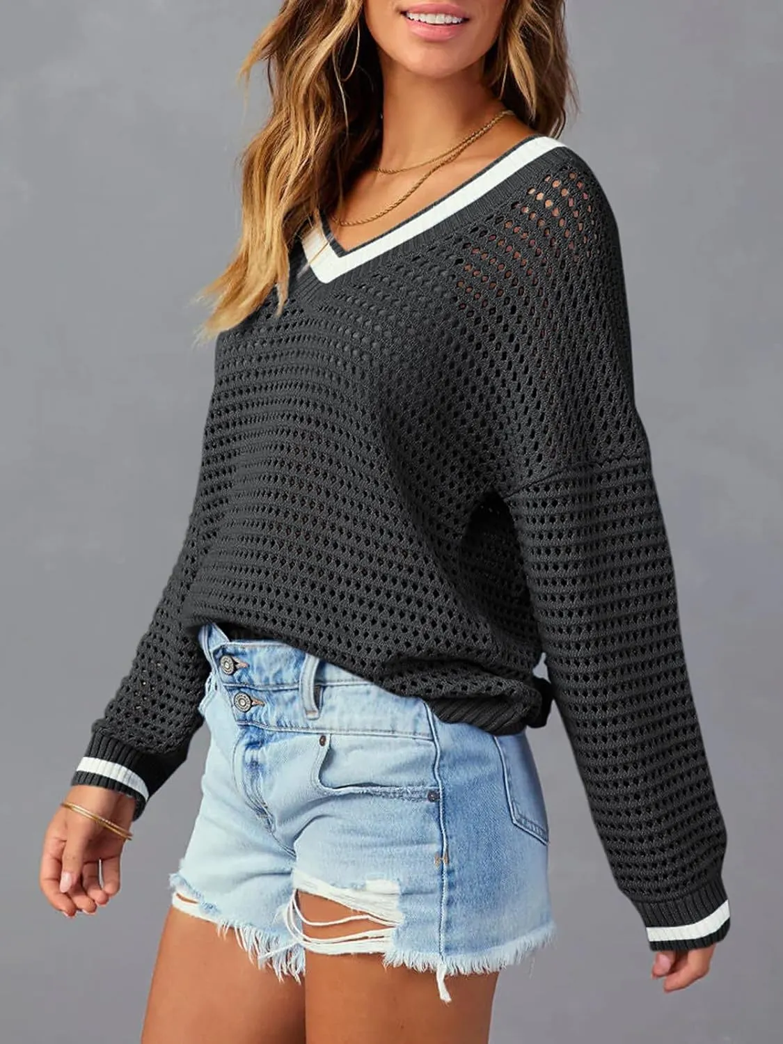 Womens Varsity V Neck Long Sleeve Tennis Sweater Casual Crochet Hollow Out Knit Tops Pullover Shirts Beach Coverup