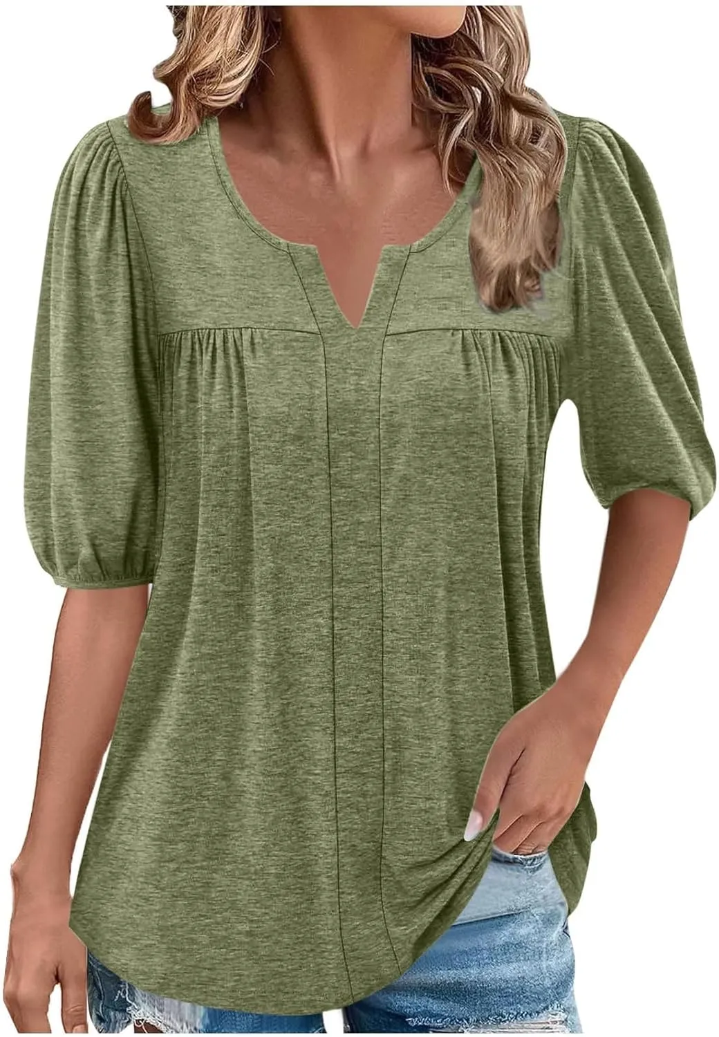 Xiaojmake Womens Summer Casual Tunic Tops Dressy 2025 Short Sleeve Pleated Trendy Shirts Casual Flowy Blouse for Leggings