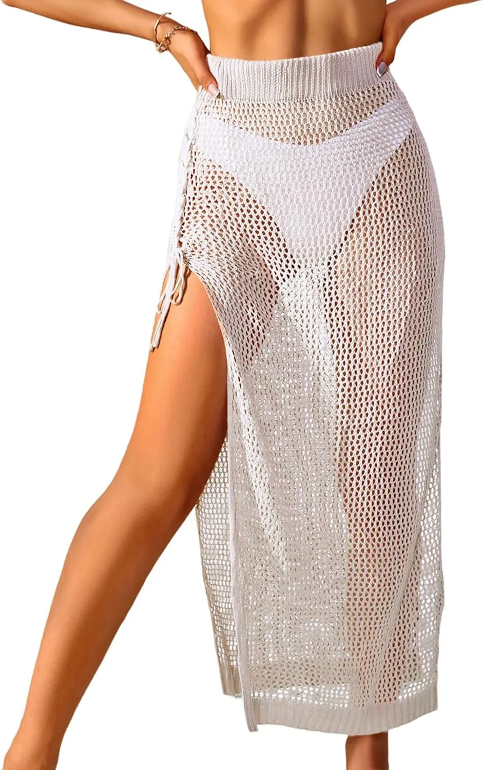 ZAFUL Women's Swimsuit Cover Up Crochet Sheer Knit Side Slit Maxi Beach Skirt Sarong (1-White, Medium)