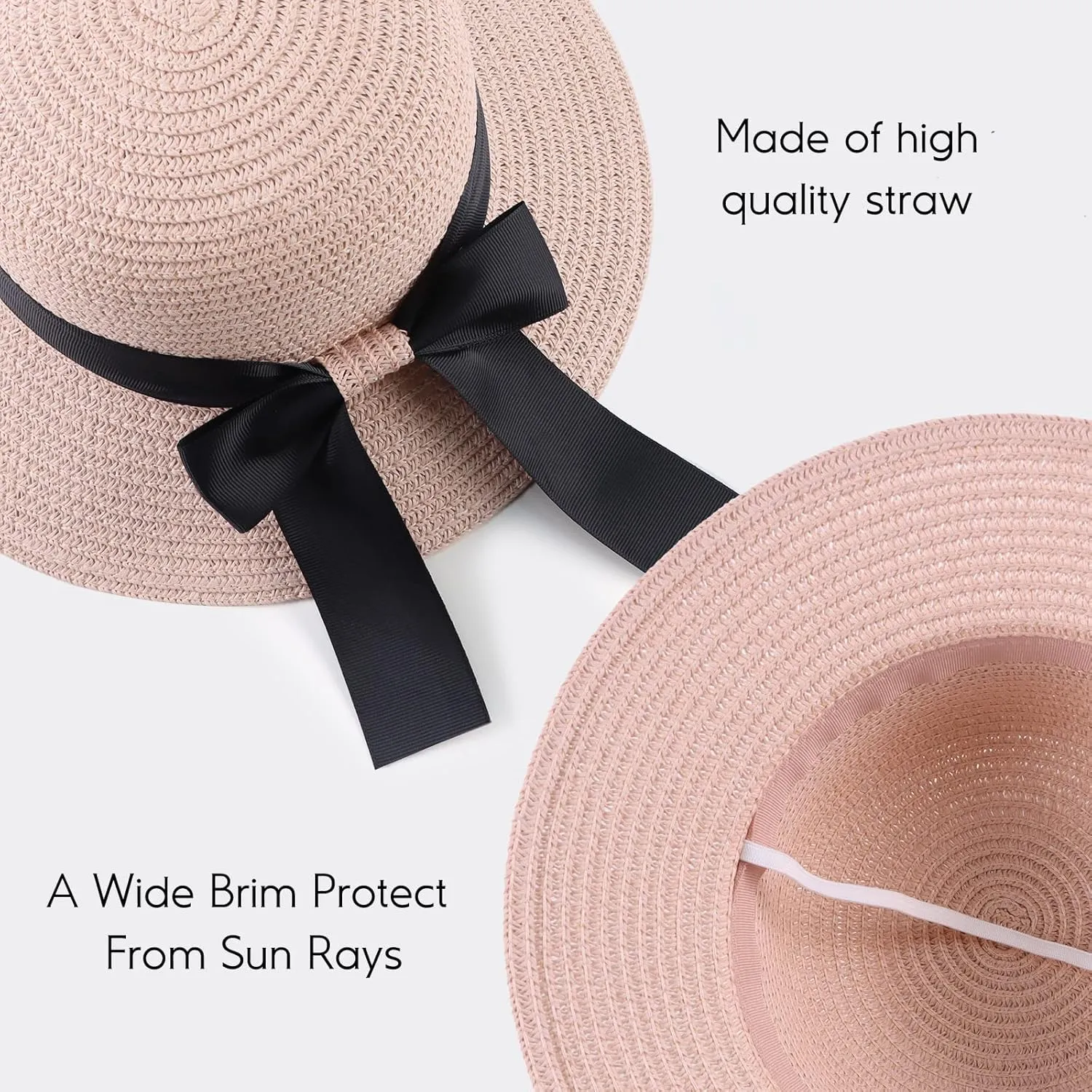 Zsedrut Women,Little Girls Straw Sun Hat Summer Beach Cap Foldable Visor Floppy Hats Wide Brim with Bowknot