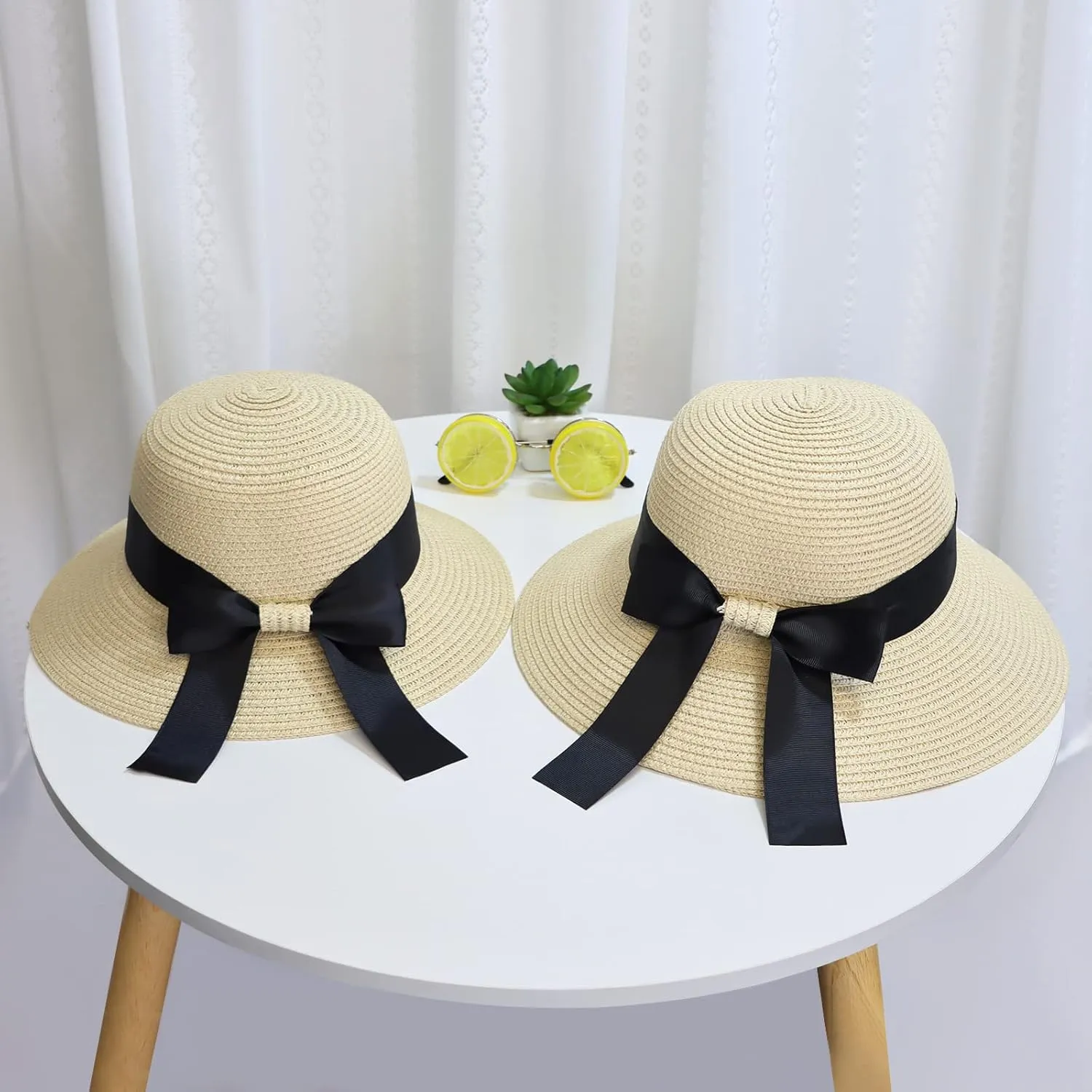 Zsedrut Women,Little Girls Straw Sun Hat Summer Beach Cap Foldable Visor Floppy Hats Wide Brim with Bowknot