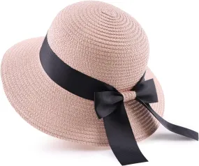 Zsedrut Women,Little Girls Straw Sun Hat Summer Beach Cap Foldable Visor Floppy Hats Wide Brim with Bowknot