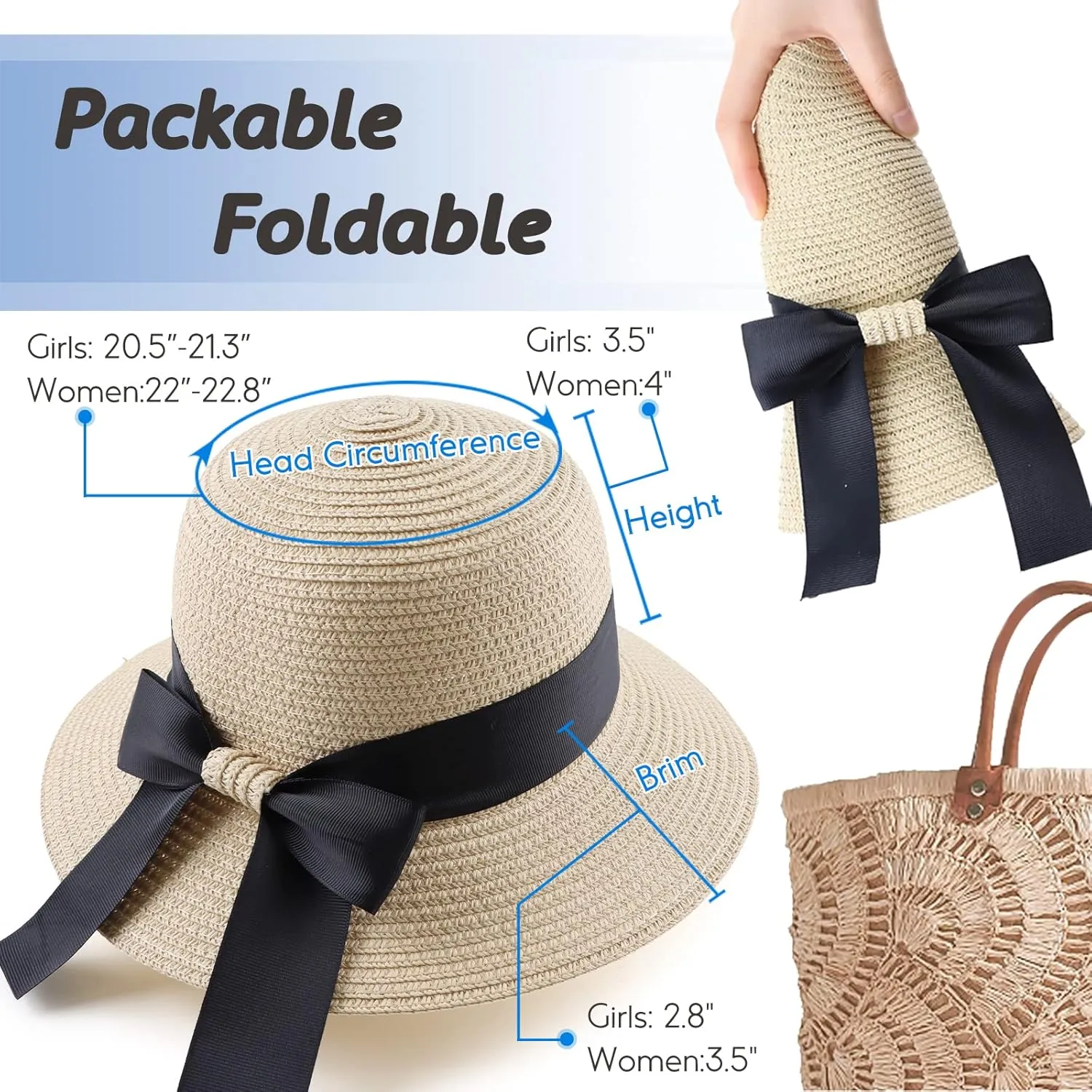 Zsedrut Women,Little Girls Straw Sun Hat Summer Beach Cap Foldable Visor Floppy Hats Wide Brim with Bowknot