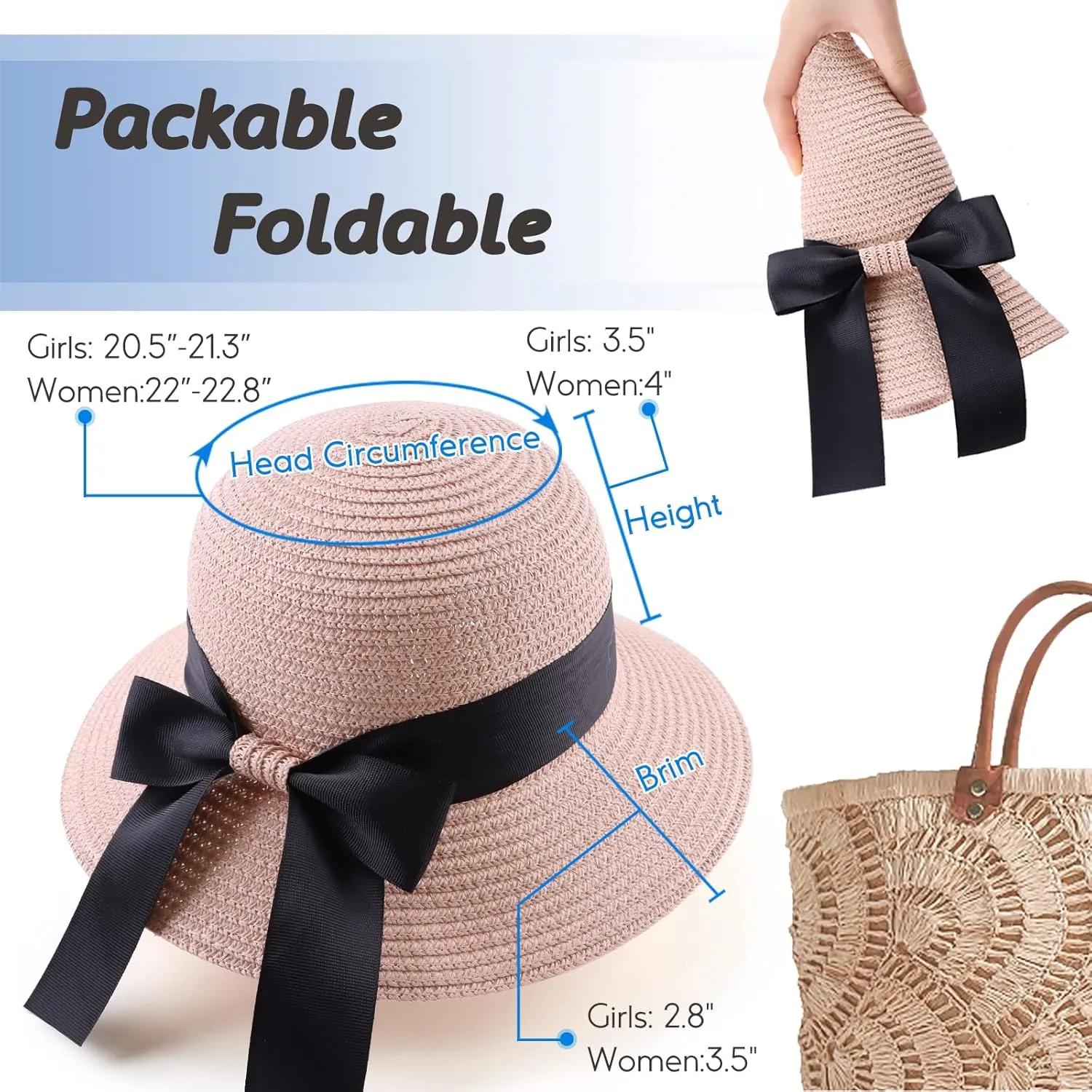 Zsedrut Women,Little Girls Straw Sun Hat Summer Beach Cap Foldable Visor Floppy Hats Wide Brim with Bowknot