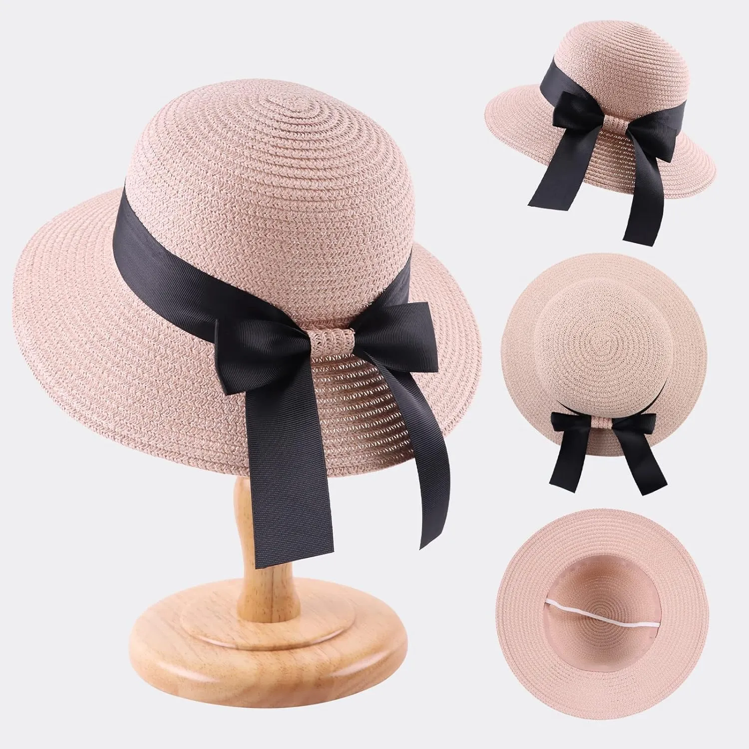 Zsedrut Women,Little Girls Straw Sun Hat Summer Beach Cap Foldable Visor Floppy Hats Wide Brim with Bowknot