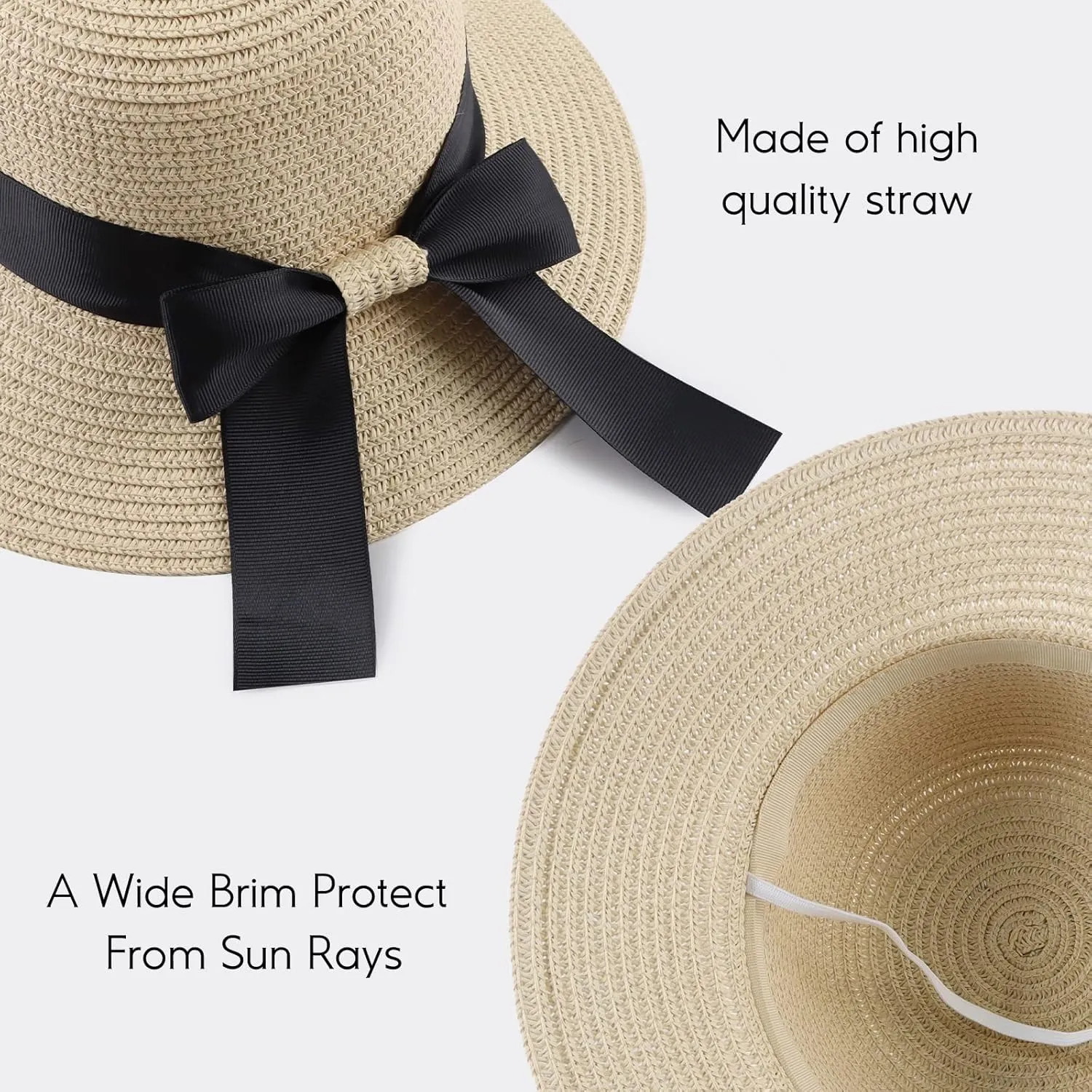Zsedrut Women,Little Girls Straw Sun Hat Summer Beach Cap Foldable Visor Floppy Hats Wide Brim with Bowknot