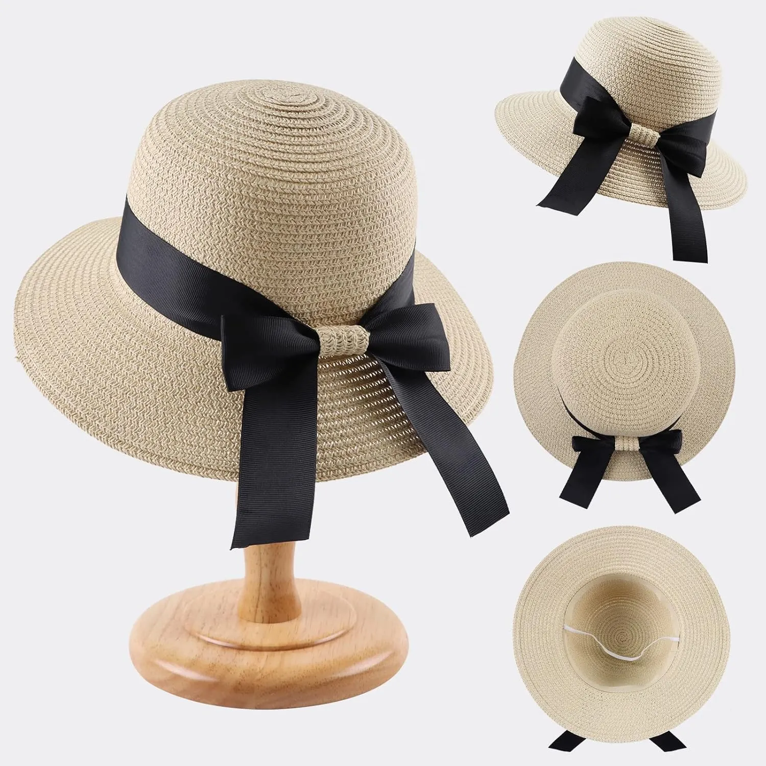 Zsedrut Women,Little Girls Straw Sun Hat Summer Beach Cap Foldable Visor Floppy Hats Wide Brim with Bowknot